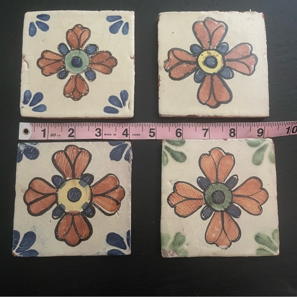 Mexican Hand Painted Terra-Cotta Talavera Vintage Tiles Set of 4 - Picture 12 of 15
